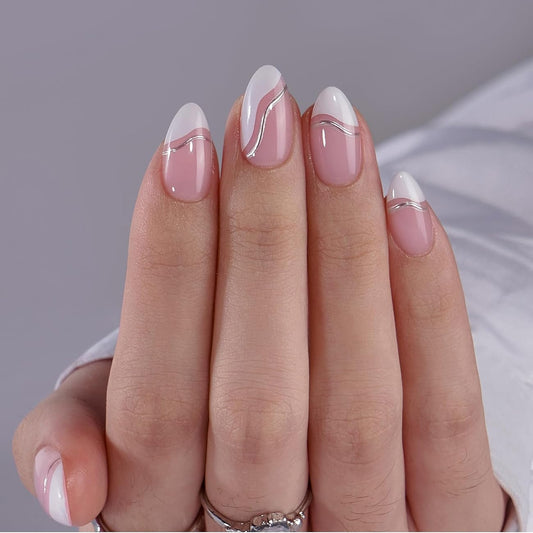 Silver Veins Medium Almond Nails - Press On Nails