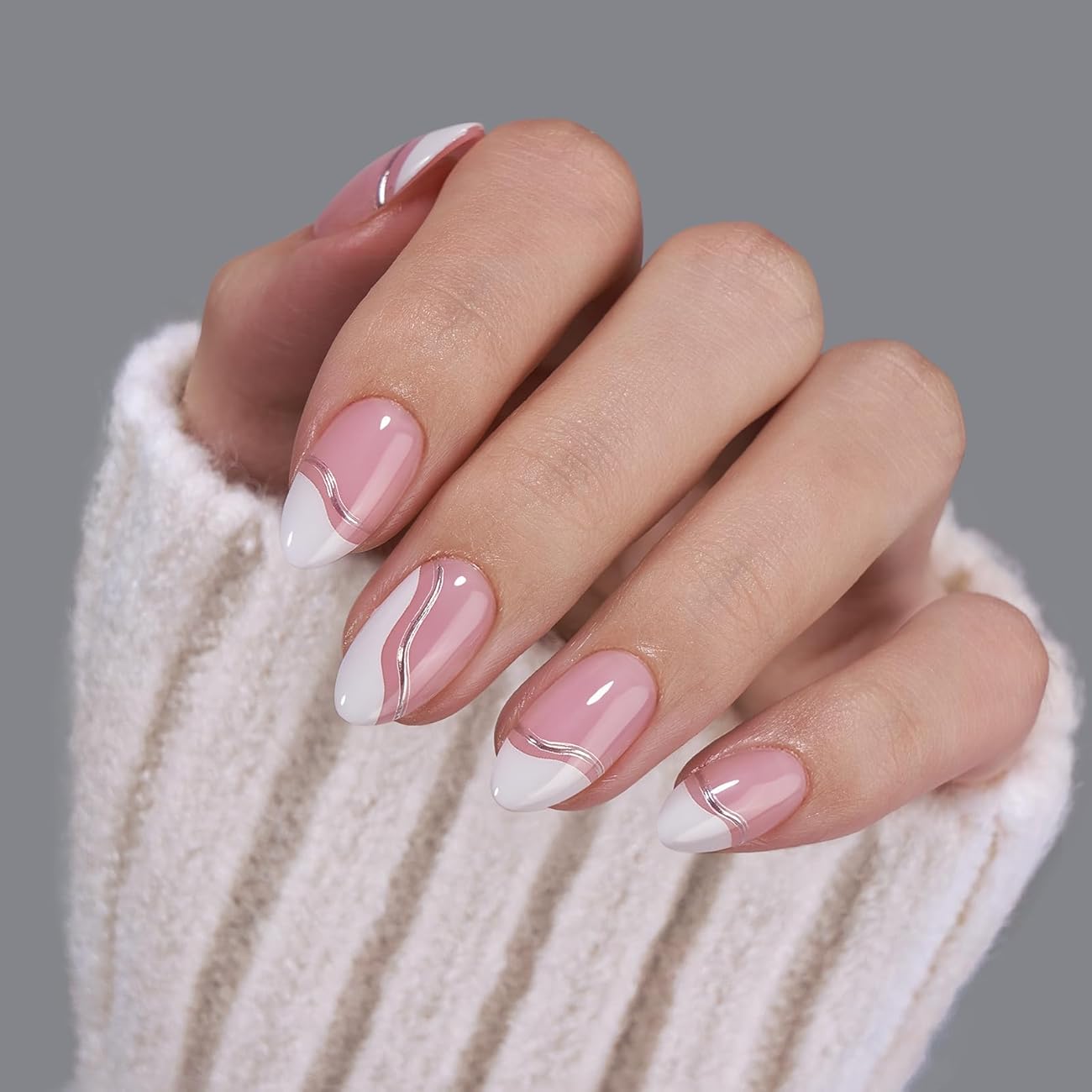 Silver Veins Medium Almond Nails - Press On Nails