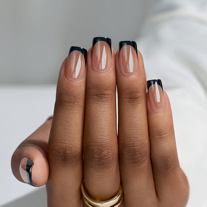 Boss Babe Short Square Black Tip Nails - Press On Nails